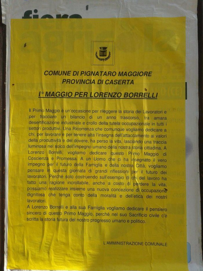 Per il I maggio l’Amministrazione comunale ha ricordato Lorenzo Borrelli, operaio vittima del lavoro